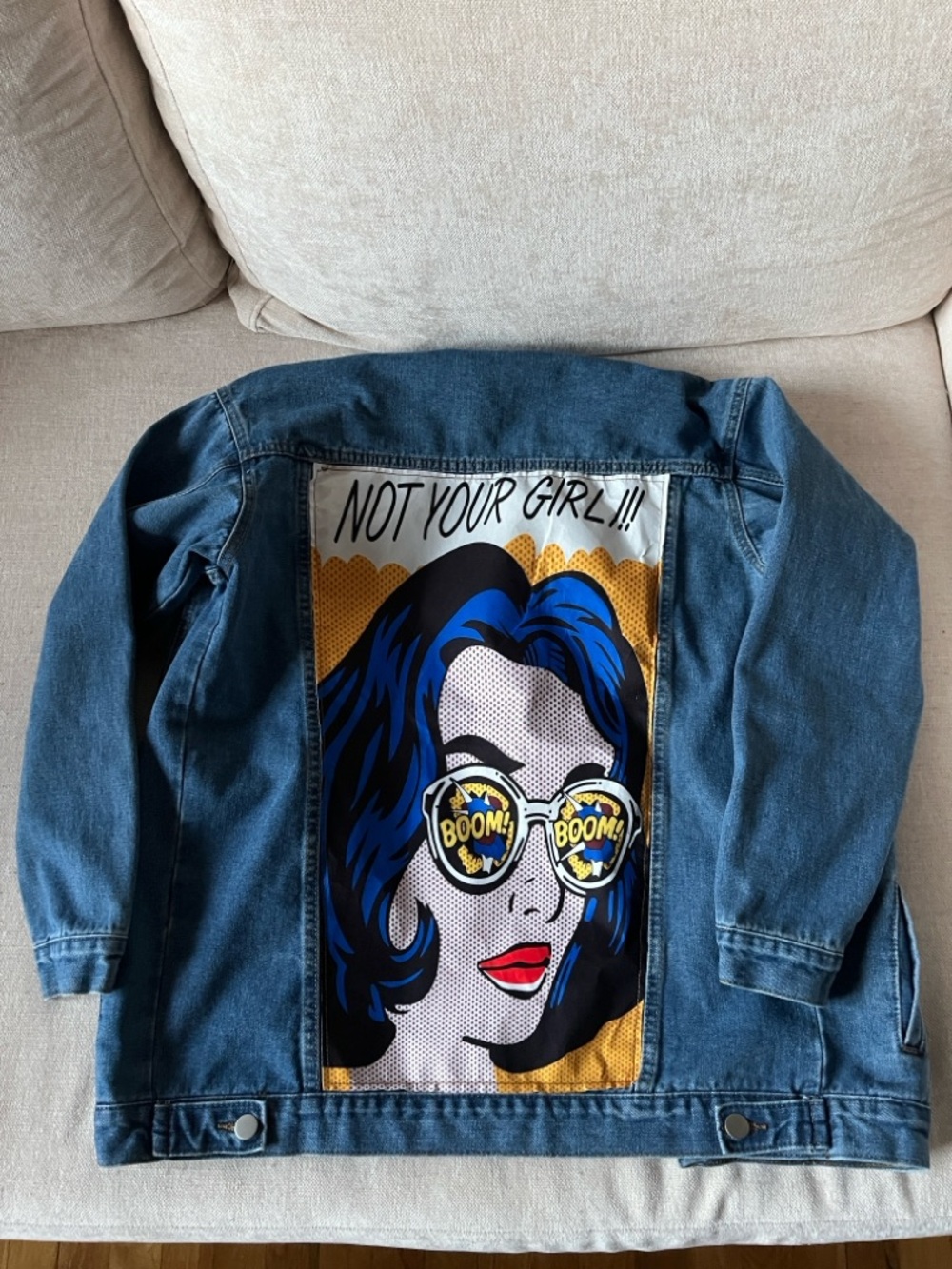 SHEIN Blue Denim Jean Jacket with Pop Art Back Patch